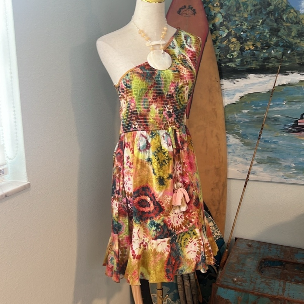 True Destinations One Shoulder Smocked Tropical Tassel Dress Boho Resort, Size M - Picture 5 of 13